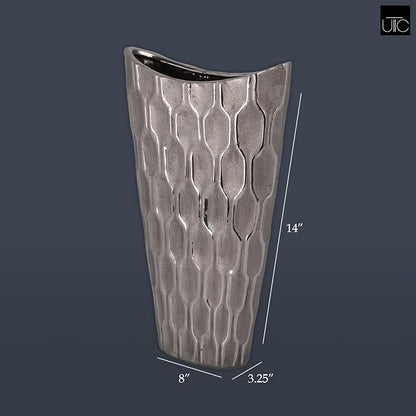 Ceramic Decorative Silver vase, Silver Decor Center Piece for Home Decor Features Honeycomb Design vase for Living Room, Table, Office Decor: 8.00"x3.25"x14.00"H