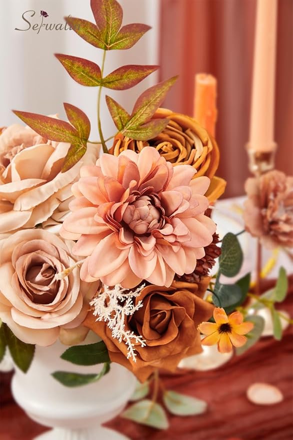 Serwalin Orange Fall Flowers for Decoration, Artificial Flower Centerpieces Decor Autumn Floral Arrangements, Fake Flower Boho Decor DIY Terracotta Flowers
