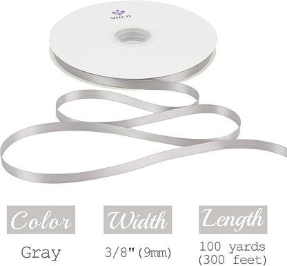MEEDEE Silver Satin Ribbon - 3/8 Inch Double Face Satin Ribbon For Wedding, Gift Wrapping, Crafts & Hair - 100 Yards