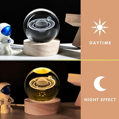 3D Saturn Crystal Ball with LED Stand, 60mm Glass Sphere Decorative Balls Lamp, Space Planet Model Galaxy Night Light Gifts for Women Kids