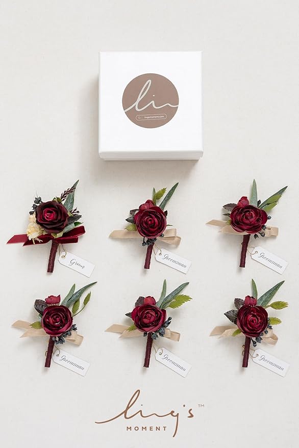 Ling's moment Boutonniere for Men, 6pcs Groom Groomsmen Boutonniere, Artificial Flowers for Wedding Decor/Prom/Homecoming, etc.Black Baccara Burgundy