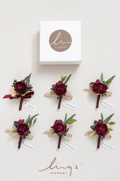 Ling's moment Boutonniere for Men, 6pcs Groom Groomsmen Boutonniere, Artificial Flowers for Wedding Decor/Prom/Homecoming, etc.Black Baccara Burgundy