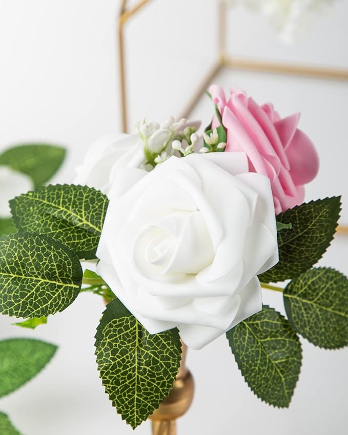 DuHouse 25Pcs Artificial Roses Flowers Fake Roses with Stems Real Touch Foam Flowers for DIY Wedding Bouquet Baby Shower Centerpiece Floral Arrangement Party Home Decor(White)
