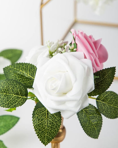 DuHouse 25Pcs Artificial Roses Flowers Fake Roses with Stems Real Touch Foam Flowers for DIY Wedding Bouquet Baby Shower Centerpiece Floral Arrangement Party Home Decor(White)