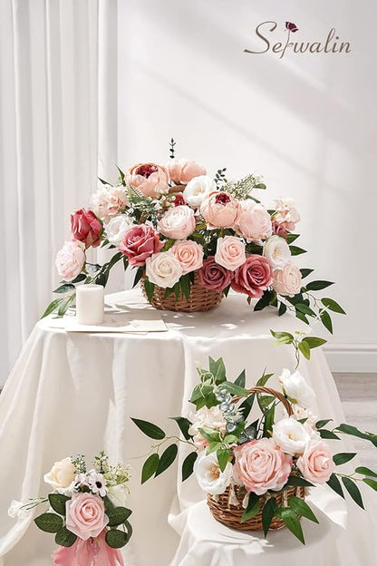 Serwalin 2PCS Artificial Flowers Pink Peonies Silk Flowers Fake Flowers Mixed Roses Combo Dusty Roses for DIY Wedding Bouquets Centerpieces Arrangements for Home Party Table Decor