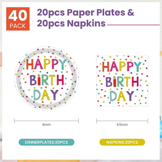 40 Pcs Birthday Plates & Napkins Party Supplies, Disposable Happy Birthday Dots Design Tableware Set for 20 Guests