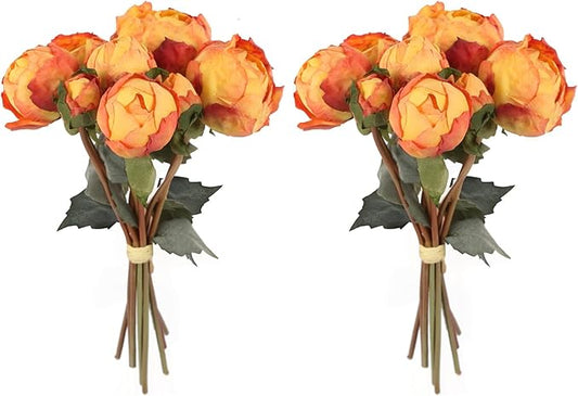 Artificial Peonies Flowers 2 Bouquets Vintage Peonies 18pcs Orange Peonies with Stems Silk Peony Flowers for Terracota Wedding Decoration Bride Bouquet Flowers Crafts Floral Arrangement (Sunset)