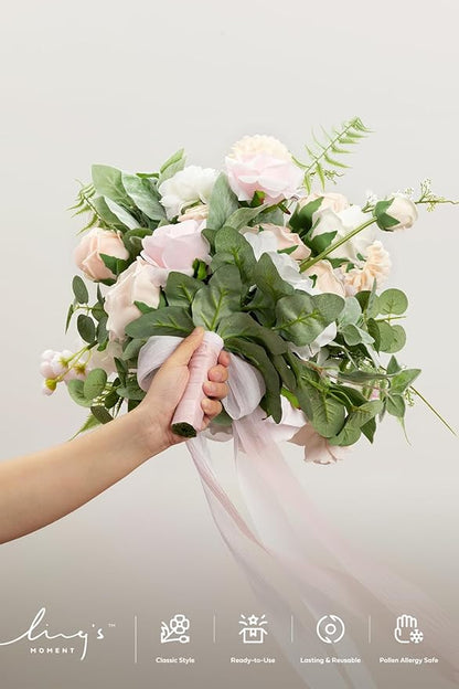 Ling's moment Blush Pink Bridal Bouquet Cascading, Coral Wedding Bouquets for Bride, 15 Inch Free Form Artificial Wedding Flower Bouquet