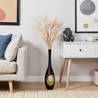 23.6 in Black Floor Vase – Modern Oval Tall Floor Vase with Gold Cutouts & Slim Neck, Decorative Vases for Luxury Home, Office, Wedding Decor – Resin Tall Vases