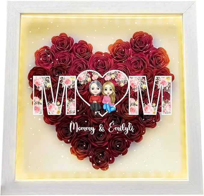 Personalized Mom Flower Shadow Box with LED Light Custom Heart Shaped Rose Flower Shadow Box Frame Mother's Day Mother and Daughter Portrait Shadowbox Memory Gifts for Mom from Daughter Birthday