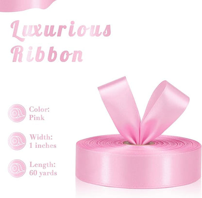 Pink Ribbon 1 Inch 60 Yards, Versatile Pink Satin Ribbon for Flower Bouquet, Graduation Lei, Crafts, Gift Wrapping, Baby Shower, DIY Bows and Wedding Decorations