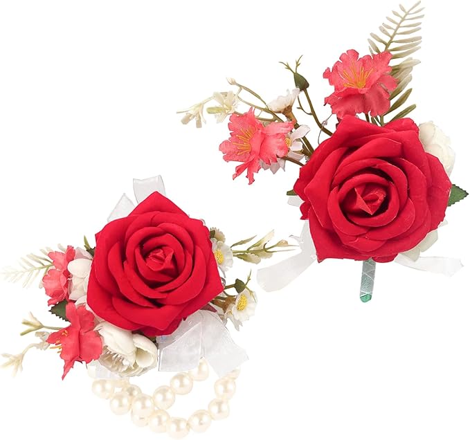 Wrist Corsage and Boutonniere Set, Artificial Rose Corsage Wristlet and Boutonniere for Wedding Prom Party (Red, 2pcs)