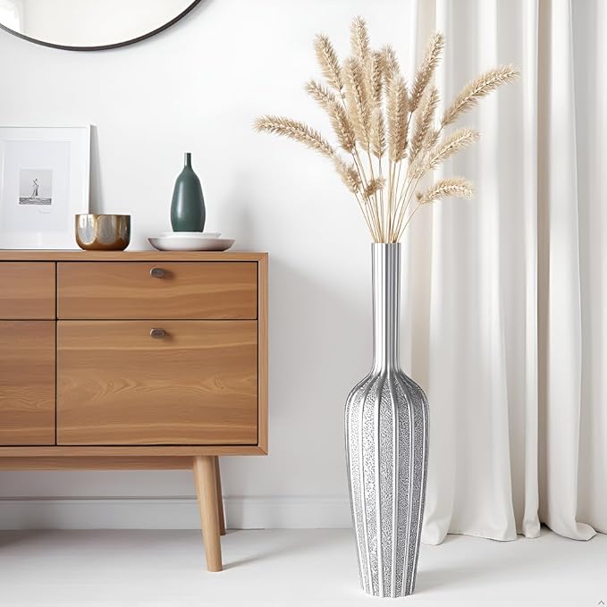 Elegant Silver Floor Vase - 23.62 Inch Tall Decorative Vase for Dried Flowers & Home Décor, Resin Tall Floor Vase, Silver Vases