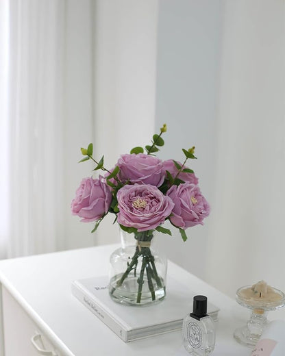 Artificial Flowers with Pinkish-Purple Peonies in Vase, Fix Lifelike Fake Flowers in a Vase with Artificial Water, Faux Flower Arrangements for Dining Table Centerpiece Decor