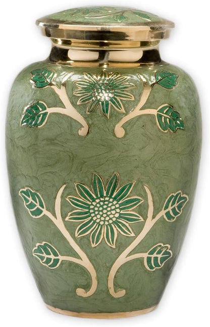 Green Garden Brass Large Cremation Urn | Unique Brass Funeral Urn with Gold & Green Enamel Details | Large