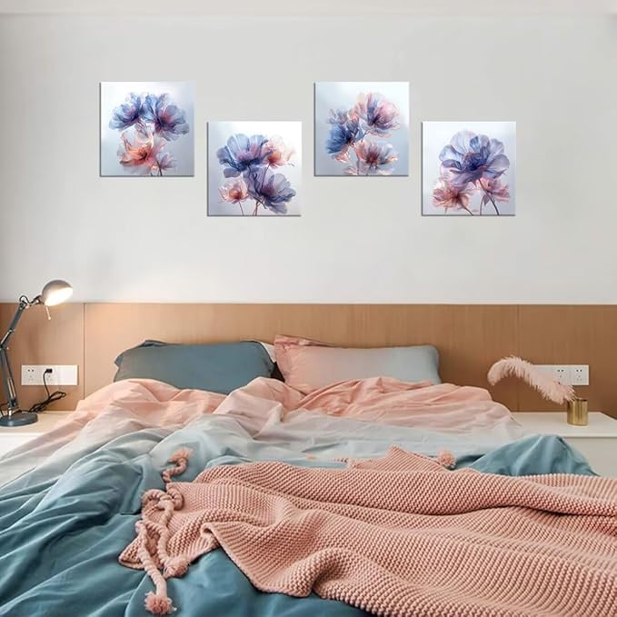 Pankila Canvas Flowers Wall Art Blooming Flowers Pictures Prints Blue Pink Flower Wall Decor for Living Room Bedroom Bathroom Home Decorations Painting Framed Artwork (16''W x 16''H x 4)