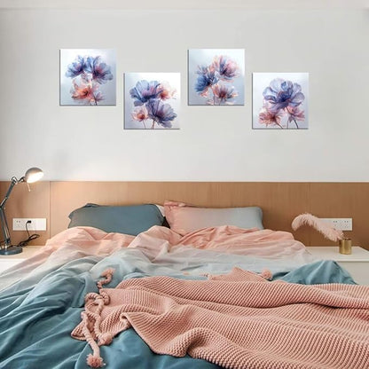 Pankila Canvas Flowers Wall Art Blooming Flowers Pictures Prints Blue Pink Flower Wall Decor for Living Room Bedroom Bathroom Home Decorations Painting Framed Artwork (12''W x 12''H x 4)