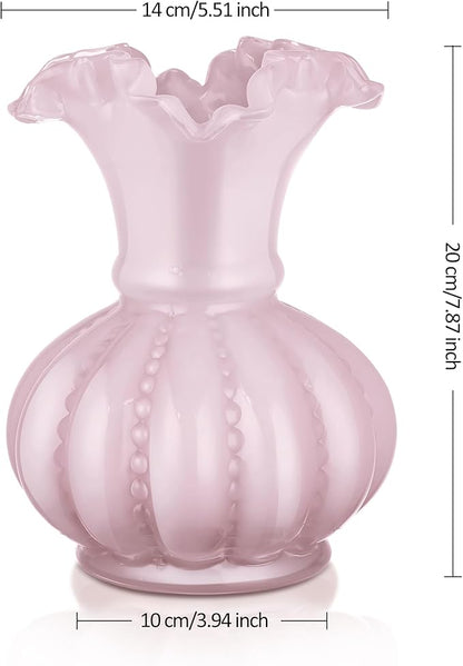 Joeyan Handmade Pink Glass Flower Vase,7.9" Vintage Decorative Urn Vase for Centrepieces Bouquet Wedding,Colored Thickened Pedestal Decorations for Rustic Home Living Room Office Farmhouse