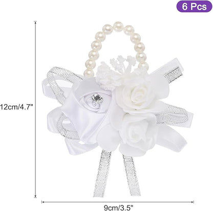 MECCANIXITY 6Pcs Wrist Corsage Artificial Flower Bracelets Rose Wrist Bride Groom Decorative for Wedding Ceremony Prom Party Anniversary White