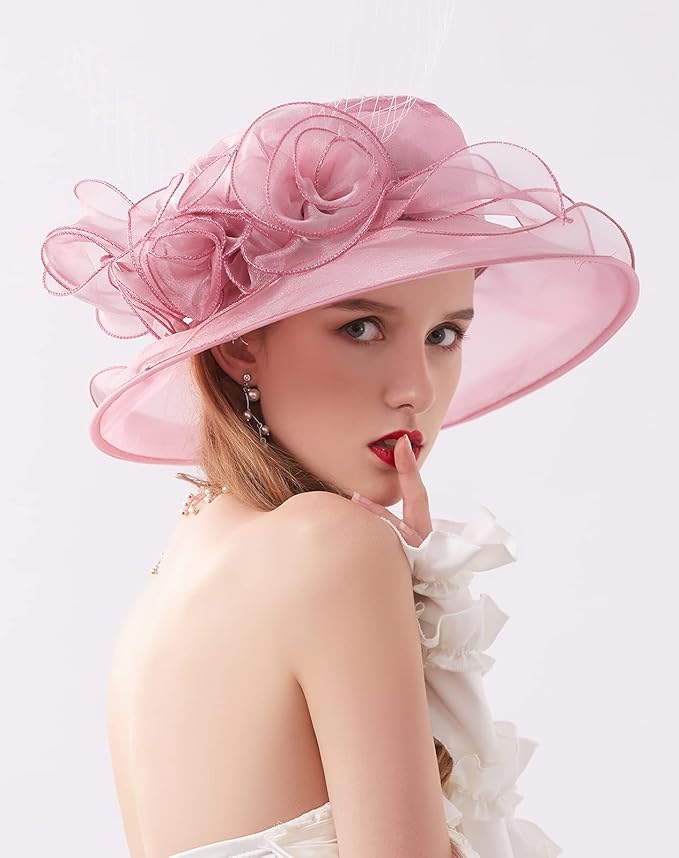 Organza Derby Hats for Women Wide Brim Fascinator Hat Rose Flower Wedding Tea Party Hat