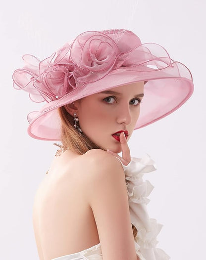 Organza Derby Hats for Women Wide Brim Fascinator Hat Rose Flower Wedding Tea Party Hat
