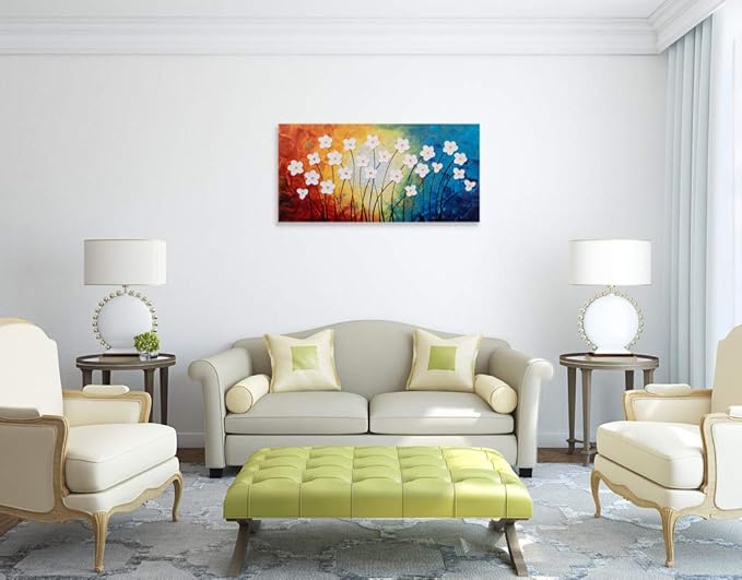 Yihui Arts Hand Painted Textured Flower Canvas Art: Rainbow Hues White Blossoms Abstract Wall Decor for Living Room, Bedroom & Office