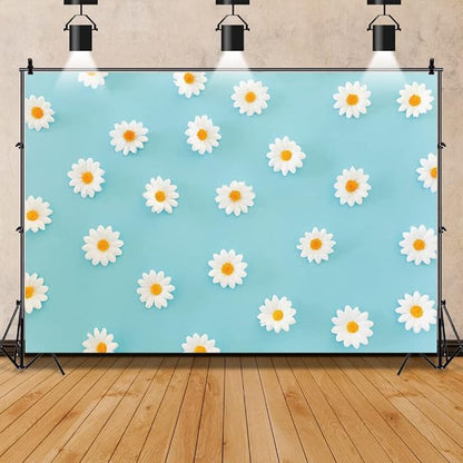 Laeacco Daisy Flower Backdrop for Photography White Floral Blue Photo Background Baby Shower Birthday Party Decorations Cake Table Banner Girls Children Portrait Photoshoot Studio Props 5x4ft Vinyl
