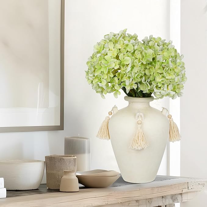 9.4" Large White Ceramic Vase for Centerpieces - Rustic Farmhouse Vase with 4 Ears & Tassels, Terracotta Vintage Flower Vases for Table, Desk, Living Room, Bedroom, Entryway, Holiday & Weddings Decor