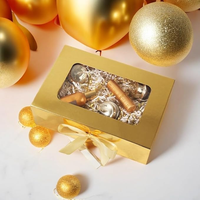 Gold Gift Box for Presents with Ribbon 10.8x7.5x3.5 Inches Clear Gift Box with Window Magnetic Closure Gift Boxes with Lids