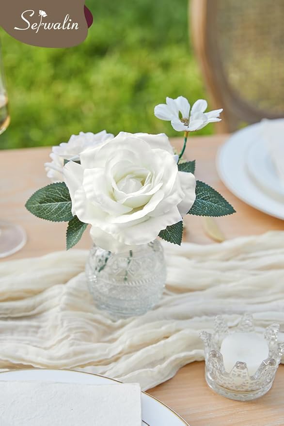 Serwalin Artificial White Flowers for Wedding, Silk Flowers Cake Decoration, Fake Flowers for Centerpieces Bouquets White Roses Peonies, Bridal Shower DIY Christmas