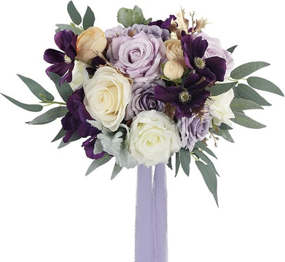 Rinlong Wedding Bouquet for Bride 11" Violet Purple Bridal Bouquets Artificial Flowers Purple Silk Wedding Proposal Bouquet