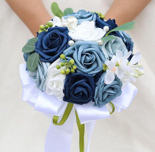 Lightweight Bridal Wedding Bouquet Round Holding Bouquet Throw Toss Artificial Rose Flower Bunch for Bride Bridesmaid Wedding Quinceanera (White & Shades of Blue, 9.1")