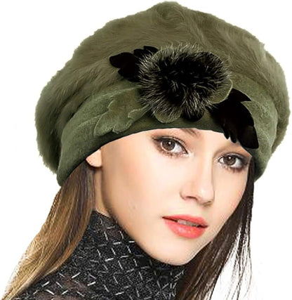 VECRY Lady French Beret 100% Wool Beret Floral Dress Beanie Winter Hat