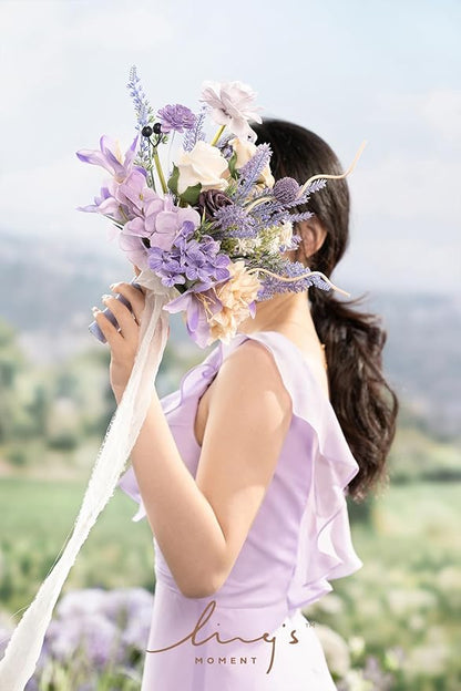 Ling's moment Artificial Flowers Purple Bridesmaid Bouquet Set of 4, Lavender Wedding Flowers Bouquets for Bridesmaids, 7 Inch Bridal Bouquets for Bridesmaids, Wedding, etc
