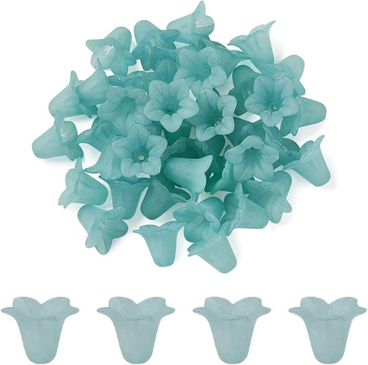 Crafans 50Pcs Frosted Acrylic Flower Beads 17.5x12x1.5mm Transparent Floral Pendants Clear Flower Bead Caps Loose End Spacer Beads for Jewelry Making (Light Cyan)