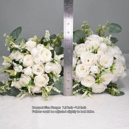 Wedding Bouquets for Bride Bridesmaid, 7.8" White Ivory Bouquet Artificial Silk Roses Flowers with Eucalyptus for Wedding Church Decoration
