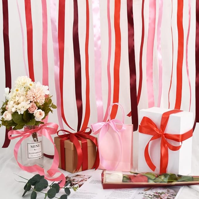TONIFUL 1 Inch x 125 Yards 5 Colors Satin Ribbon Rolls, Mixed Red Color Set Fabric Ribbon for Gift Wrapping Embellish Wedding Birthday Party Decoration Bow Making Floral Craft Sewing（red）