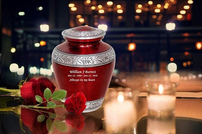 MEMORIALS 4U Custom Engraved Cremation Urn - Handcrafted Urn for Human Ashes - Affordable Urn for Ashes with Velvet Bag (Red Glitter)