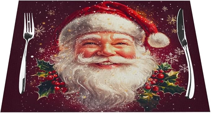 PVC Placemats Set of 1 Wipeable Table Mats Washable Heat Resistant Non Slip Vinyl Dining Table Mat for Kitchen Indoor Outdoor Patio Farmhouse Place Mats Santa Claus Red Xmas Decorative