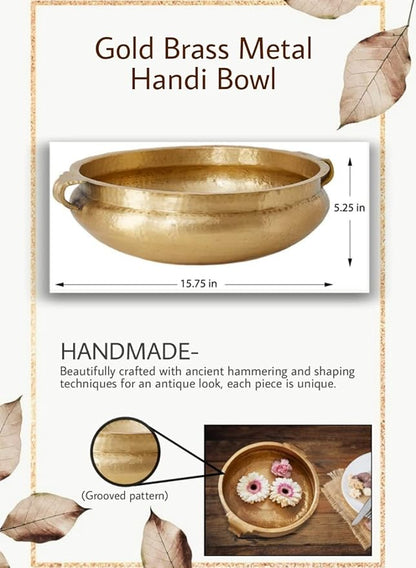 Serene Spaces Hammered Gold Handi Bowl - Brass Decorative Bowl for Diwali, Living Rooms, Weddings, Restaurants - 5.25" Tall, 15.75" Diameter - Fruit Bowl