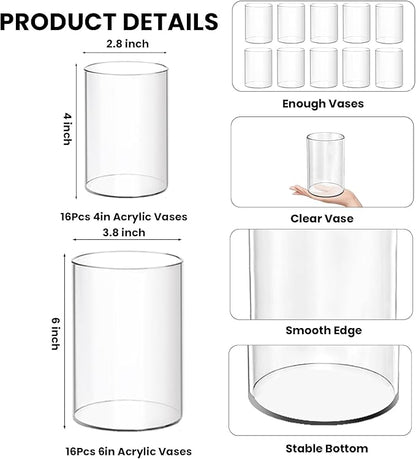 32 Pack Acrylic Vases, 6 inch and 4 inch Clear Cylinder Acrylic Plastic Flower Vase Bulk Unbreakable Plastic Vases for Centerpiece Home Wedding Decor (16pcs 6in +16pcs 4in)