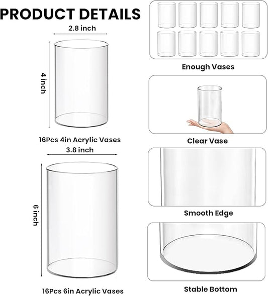 32 Pack Acrylic Vases, 6 inch and 4 inch Clear Cylinder Acrylic Plastic Flower Vase Bulk Unbreakable Plastic Vases for Centerpiece Home Wedding Decor (16pcs 6in +16pcs 4in)