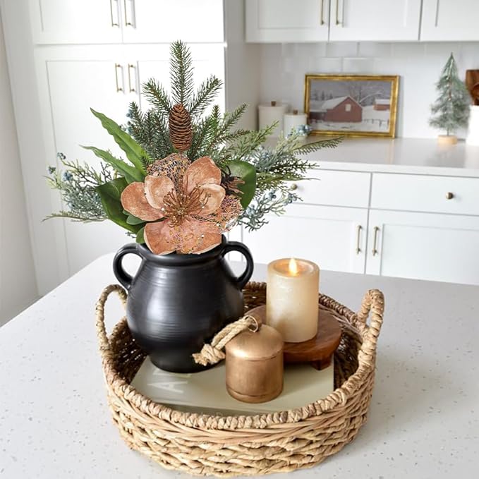 Briful 2 Pack 18.9in Christmas Magnolia Flower Picks, Artificial Magnolia Flower Spray with Pinecones for Xmas Tree Vase Floral Arrangements Wreath Decor