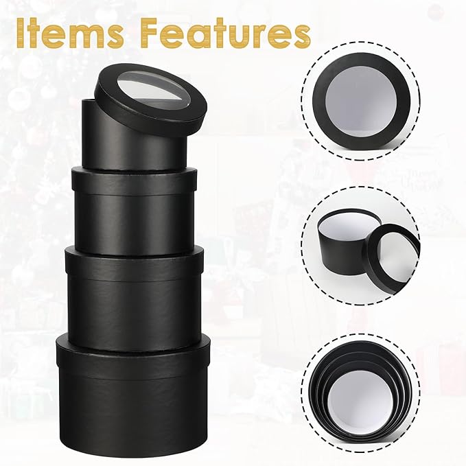 Flower Boxes for Arrangements Nesting Round Gift Boxes with Clear Lids Black Round Boxes for Flowers Set of 4 Assorted Sizes Flower Boxes for Flower Arrangements, Valentine's Day, Mother's Day,