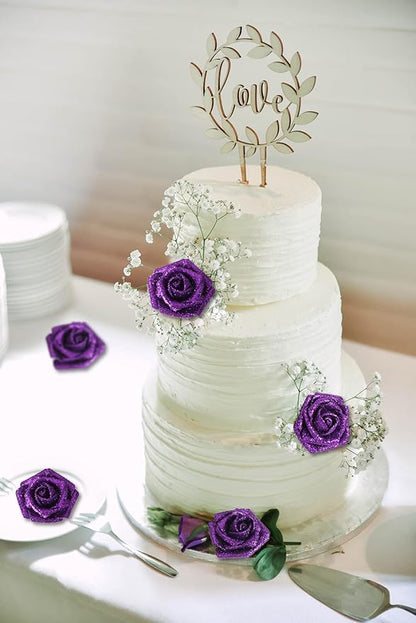 IPOPU Artificial Glitter Roses,50PCS Purple Glitter Flowers Sparkle Fake Roses for Cake Wedding Bouquet Home Party Decoration(Purple)