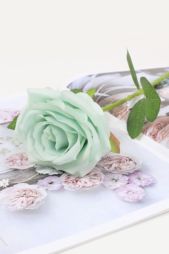 Artificial Rose Flower Sage Green Flowers Sage Green Roses Silk Flowers 12 pcs with Long Stem Silk Roses Bouquet for Wedding Bridal Shower Part Home Decoration