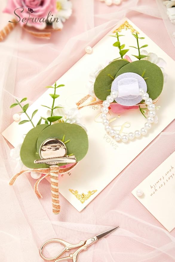 Serwalin Pink Rose Corsage and Boutonniere Set, Prom Flower Wrist Corsage Bracelets, Homecoming Roses Corsage Wristlet and Men Boutonniere for Wedding Flowers Accessories Prom Suit Decorations