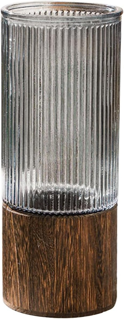 Wooden Vase, Glass Vase with Wooden Base Cylindrical Flower Vase, Classic Boho Rustic Style for Fireplace Bedroom Kitchen Living Room Centerpieces Office Desk, 10" H (Vertical Grain)