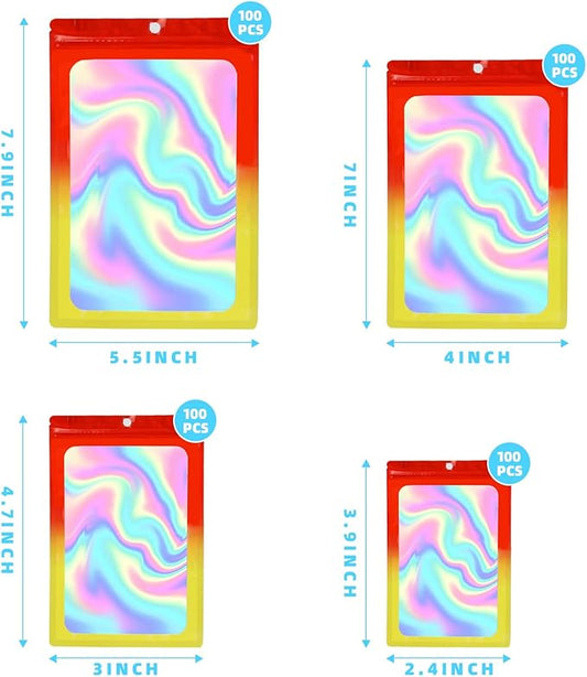 400 Pack 4 Size Bags with Clear Window,Scratch Resistant Hand Holographic Packaging Pouch,Resealable Bag for Small Bussiness Cookies Jewelry Candy Sample (Red Yellow, 2.4×3.9,3x4.7,4×7,5.5×7.9 inch)