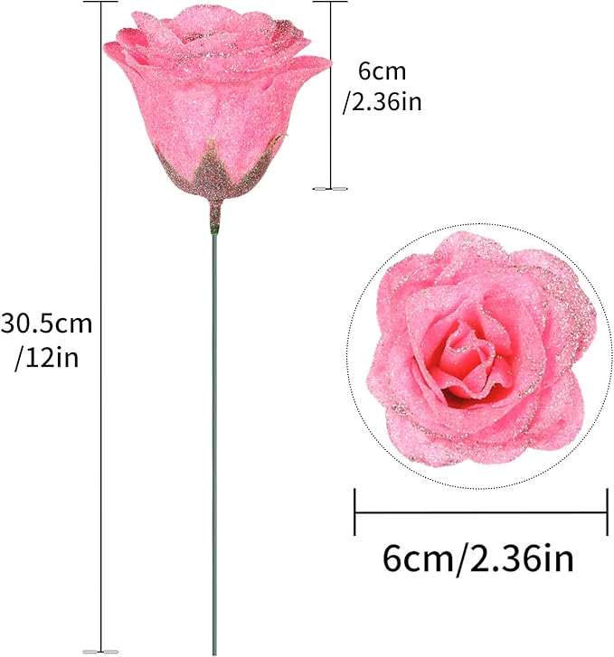 Pink Glitter Roses,30PCS Glitter Flowers Bouquet Artificial Roses with Stems for Wedding Party Christmas Home Decor(Pink with Silver Glitter)